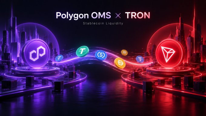 A futuristic digital banner advertising 'Polygon OMS × TRON' with the subtitle 'Stablecoin Liquidity', featuring stylized crypto coins floating between glowing purple and red cityscapes.