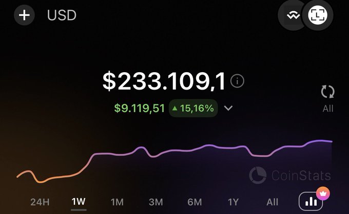 A CoinStats app interface displaying a portfolio value of '$233.109,1' with a green gain of '15,16%' ($9.119,51) over a 1-week timeframe.