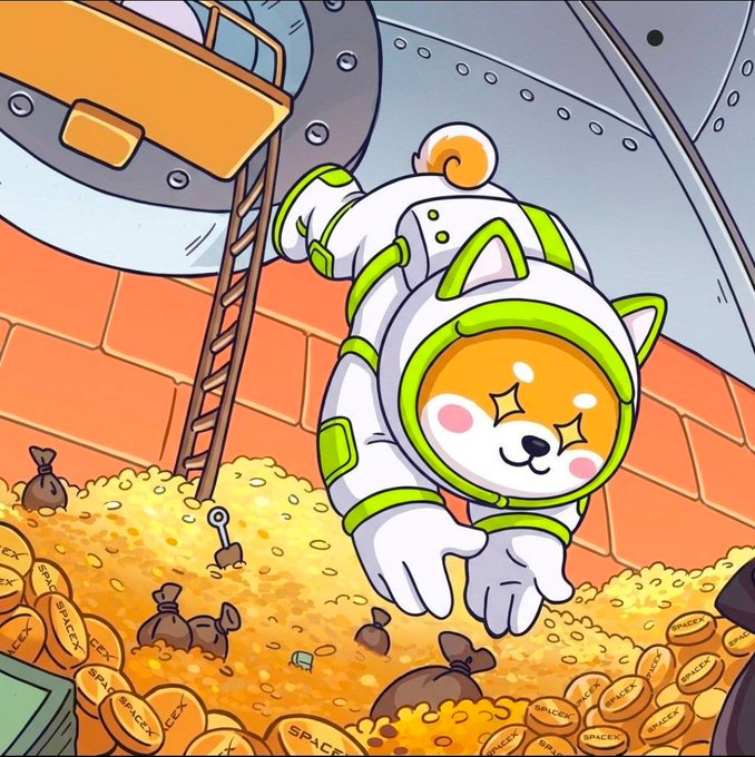 A cute cartoon dog in an astronaut suit dives joyfully into a massive pile of gold coins branded with "SPACEX," alongside treasure bags and a shovel inside a vault. The image visually reinforces the post's message about a growing reward pool, with the "SPACEX" coins representing the $SPCX tokens earned by holding $ASTEROID.