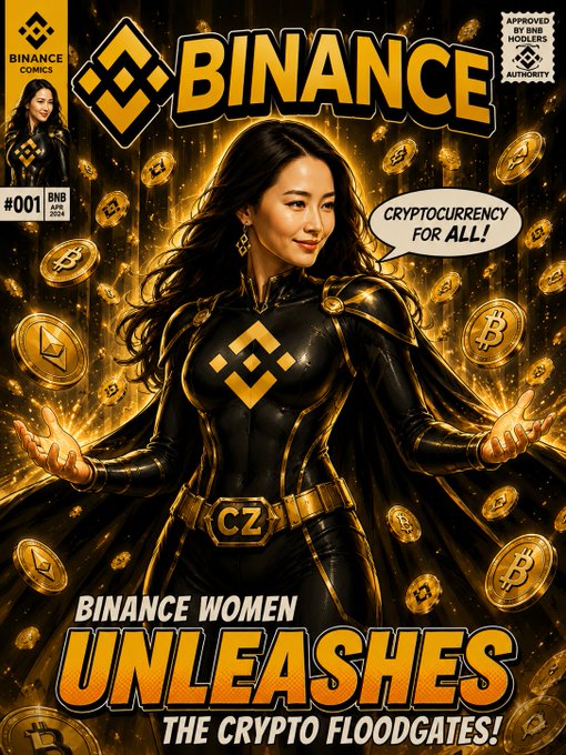 A comic book-style cover featuring a woman in a black and gold Binance superhero costume surrounded by gold BNB and Bitcoin coins, with the "Binance" logo at the top, "#001" issue marker, and the tagline "CRYPTOCURRENCY FOR ALL!" alongside the title "BINANCE WOMEN UNLEASHES THE CRYPTO FLOODGATES!" — visually amplifying the post's message about Binance's user-driven, non-paternalistic approach to supporting creators and letting trading volume determine success.