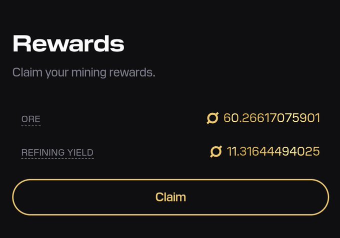 A dark-themed "Rewards" interface displays claimable mining rewards, showing 60.26617075901 ORE tokens and a refining yield of 11.31644494025, with a prominent "Claim" button at the bottom.