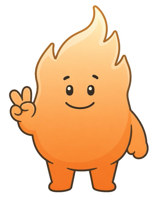 A cute cartoon flame character in shades of orange and yellow smiles and gives a peace sign with its right hand.