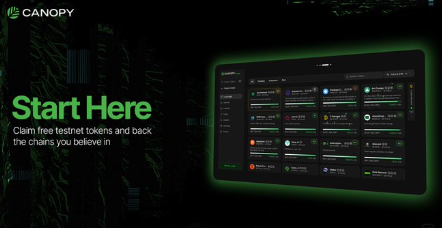 A promotional graphic for Canopy with the tagline 'Start Here - Claim free testnet tokens and back the chains you believe in,' showing a laptop displaying a token list interface.