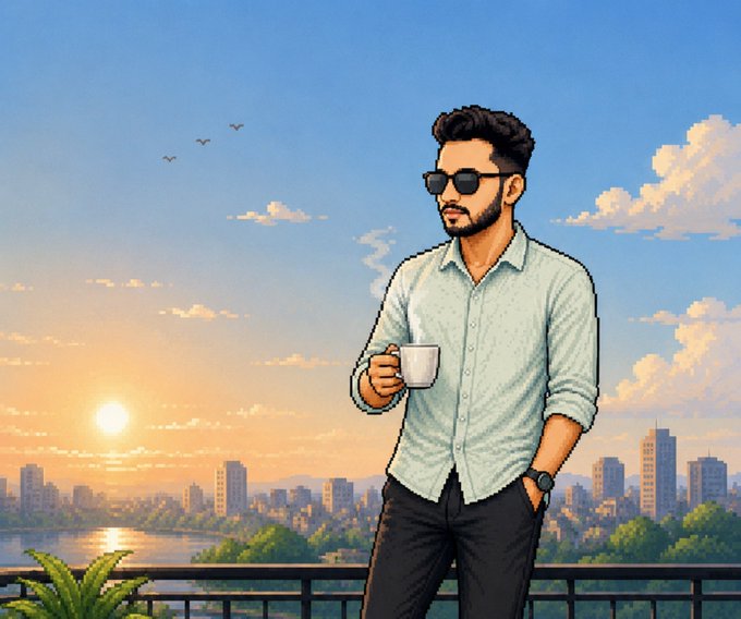 An illustration of a bearded man wearing sunglasses and a light blue shirt, holding a coffee cup while standing on a balcony overlooking a city skyline at sunset.