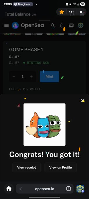 A mobile screenshot of OpenSea showing a successful NFT mint with 'Congrats! You got it!' message, displaying three cartoon character NFTs from 'GOME PHASE 1' minting at $1.57, with 'View receipt' and 'View on Profile' buttons.