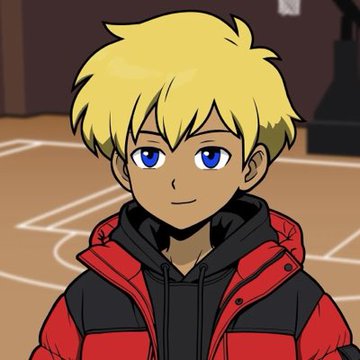 Digital illustration of a young man with blond hair and blue eyes wearing a red and black puffer jacket with a hood.