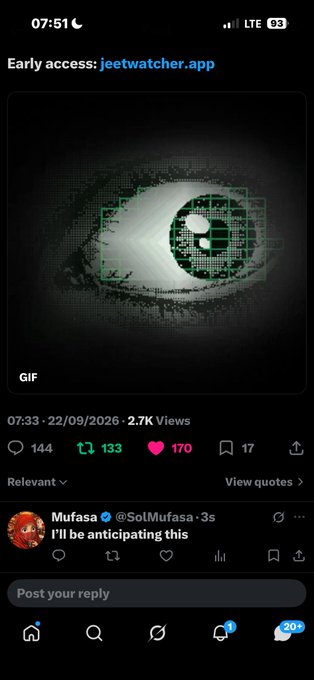 A screenshot of a social media post featuring a pixelated, green, digital eye GIF with text 'Early access: jeetwatcher.app' and engagement metrics (144 comments, 133 reposts, 170 likes).