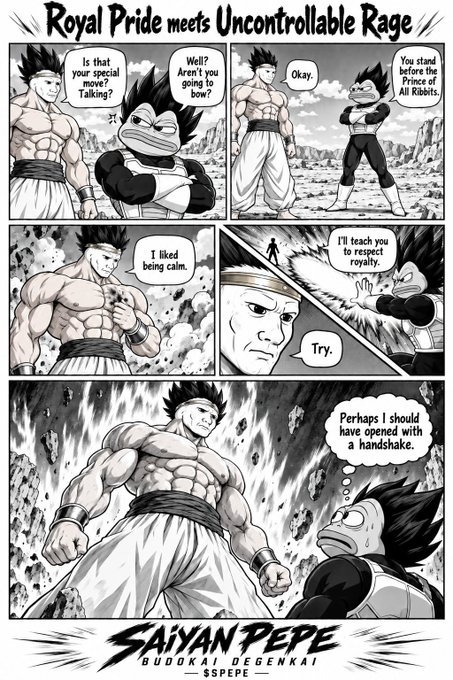 A black-and-white manga-style comic page titled "Royal Pride meets Uncontrollable Rage" featuring characters resembling Dragon Ball's Goku and Vegeta in a rocky landscape, with dialogue about talking and fighting, signed at the bottom "SAIYAN PEPE - $SPEPE".