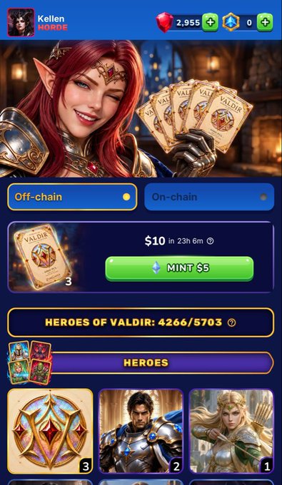A mobile game screenshot for "Heroes of Valdir" showing a red-haired elf character holding cards, with an "Off-chain" toggle selected, a $10 mint price offering a MINT $5 button, and inventory showing 3 Valdir cards.