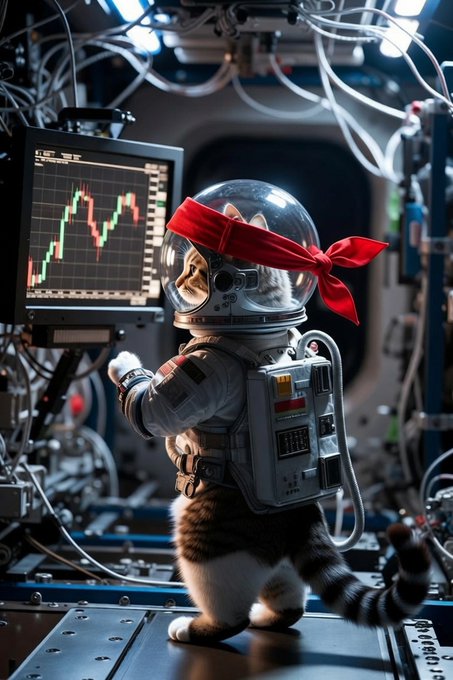 A cat wearing an astronaut helmet with a red bandana and a spacesuit stands on its hind legs in a high-tech control room, looking at a monitor displaying a financial trading chart with green and red candlesticks.