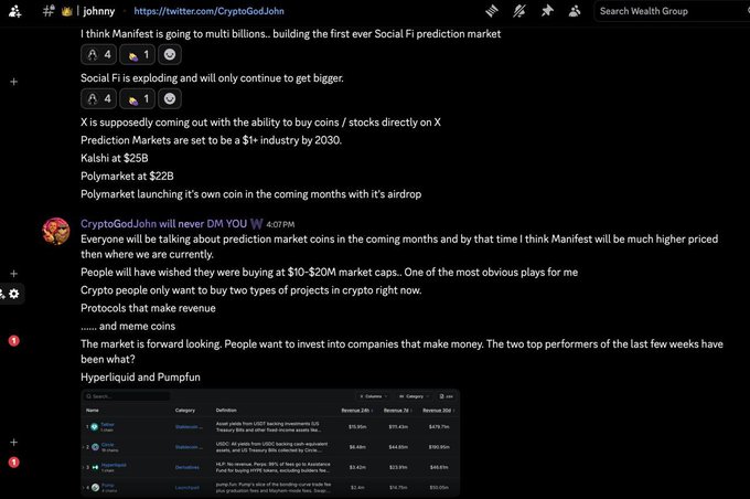 The image shows a Twitter post by @CryptoGodJohn discussing prediction markets as a "$1+ industry by 2030," comparing valuations of Kalshi ($25B) and Polymarket ($22B), and highlighting Hyperliquid and Pumpfun as top revenue-generating protocols in crypto. The accompanying caption connects this to the user's thesis on why $MANIFEST, described as "the first ever Social Fi prediction market," could be a major generational investment opportunity.