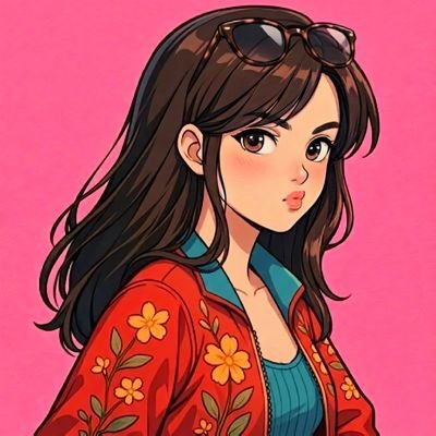 An anime-style illustration of a young woman with long brown hair, sunglasses on her head, wearing a red floral jacket over a teal top against a pink background.