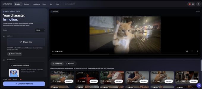 A screenshot of the insMind AI video creation interface, featuring a preview of a kitten video and various tool options like 'Motion Swaps' and 'Character' on the left panel.