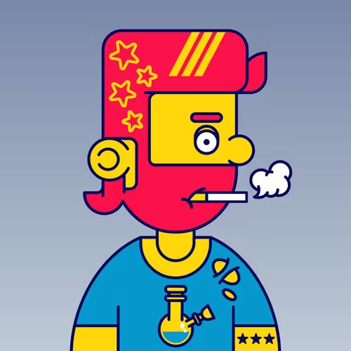 A cartoon illustration depicts a stylized character with half-red, half-yellow face, red hair with star patterns, a cigarette, and a blue shirt featuring a bong graphic.