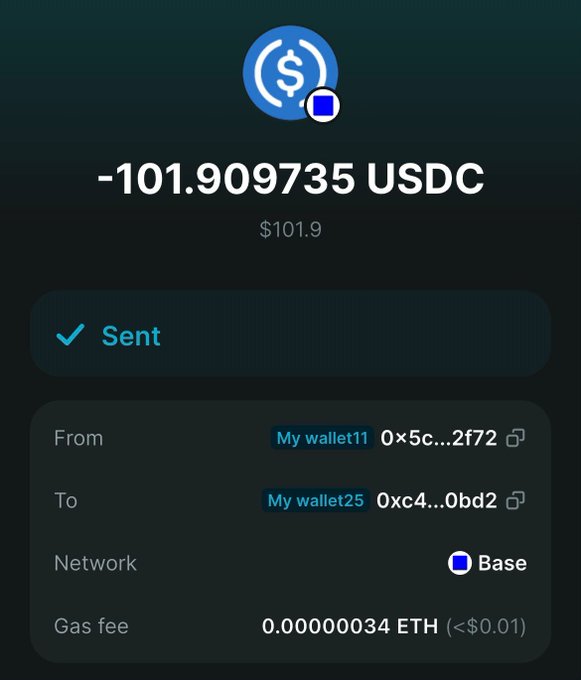 A transaction confirmation screenshot showing **-101.909735 USDC ($101.90) sent** from "My wallet11" (0x5c...2f72) to "My wallet25" (0xc4...0bd2) on the **Base** network with a gas fee of 0.00000034 ETH. This image illustrates a classic giveaway scam tactic—scammers post fake "$30 giveaways" to lure users into clicking malicious links and authorizing access to their wallets, after which the scammer drains funds (like the ~$101 USDC shown here being transferred between the victim's own wallets before being siphoned off).

**Warning:** Never click links or authorize wallet connections from unsolicited "giveaway" posts. The URL "waitlist.jumper.xyz" is a phishing site impersonating the legitimate Jumper Exchange.