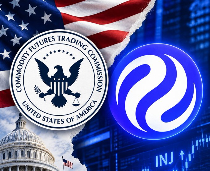 A graphic displays the seal of the 'Commodity Futures Trading Commission United States of America' on the left against an American flag and Capitol building, alongside a blue swirl logo and a 'INJ ↑' stock ticker on the right.