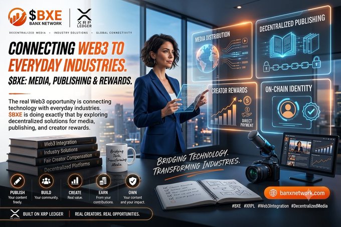 A promotional advertisement for $BXE (Banx Network) and XRP Ledger, featuring a businesswoman and headlines like 'CONNECTING WEB3 TO EVERYDAY INDUSTRIES' and 'BRIDGING TECHNOLOGY, TRANSFORMING INDUSTRIES,' with tags '#BXE #XRPL #Web3Integration #DecentralizedMedia'.