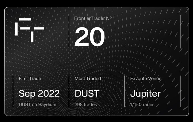 A dark-themed "Frontier Trader No. 20" profile card shows the user's first trade was DUST on Raydium in Sep 2022, with DUST being their most traded at 298 trades and Jupiter their favorite venue with 1,160 trades. The image humorously accompanies the user's post about receiving an "X affiliate badge" for being the first trader ever eliminated in a Frontier Traders competition at Solana Summit Serbia, suggesting the badge celebrates this dubious distinction.
