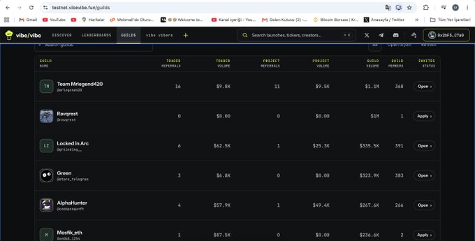 A screenshot of the Vibe website's guilds page, showing guild rankings including 'Team Mrlegend420', 'Ravgrest', 'Locked in Arc', 'Green', 'AlphaHunter', and 'Mooflk.eth'.