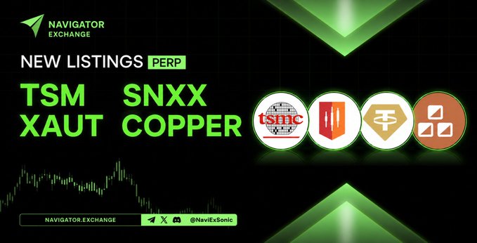 A 'Navigator Exchange' promotional graphic announcing new perpetual listings for TSM, XAUT, SNXX, and Copper, with logos for TSMC and other tokens.