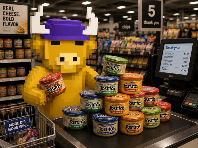 A blocky voxel-style yellow mascot wearing a purple Viking helmet with white horns stands at a grocery store checkout next to a pyramid of Tostitos dip containers; signs read 'REAL CHEESE. BOLD FLAVOR.', '5 thank you', and a point-of-sale display shows 'MORE DIP. MORE WINS.'
