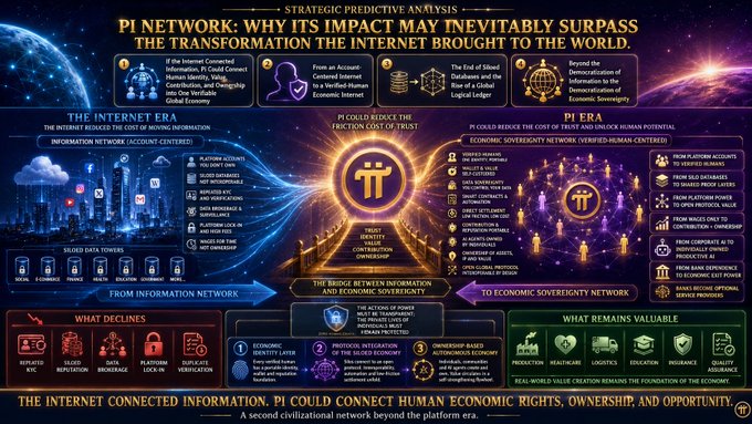 The image is a strategic predictive analysis infographic comparing the Internet Era to PI Network, highlighting how "PI COULD REDUCE THE FRICTION COST OF TRUST" and "PI COULD REDUCE THE COST OF TRUST AND UNLOCK HUMAN POTENTIAL" while connecting information networks to economic sovereignty networks through blockchain technology.