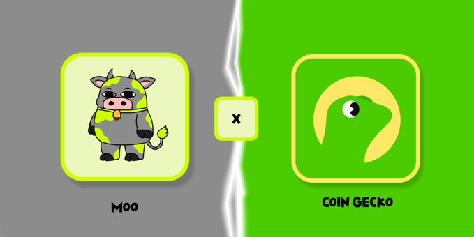 A graphic displays two app icons side by side separated by a lightning bolt design: 'Moo' featuring a cartoon cow character on a gray background, and 'Coin Gecko' with its signature green gecko logo.