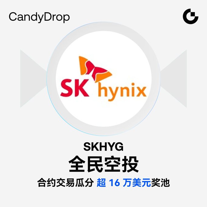 A CandyDrop promotional graphic for SK Hynix (SKHYG) featuring an airdrop announcement with Chinese text reading "全民空投" (nationwide airdrop) and "合约交易瓜分超16万美元奖池" (contract trading shares prize pool exceeding $160,000).