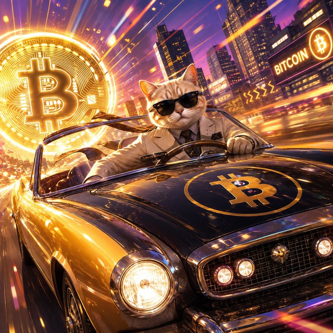 A cat in a sharp suit and sunglasses cruises through a neon city in a gold-and-black convertible emblazoned with a Bitcoin logo, while a giant $BTC emblem glows in the background—perfectly matching the bullish, "to the moon" energy of the "gm, stay bullish $BTC" post.