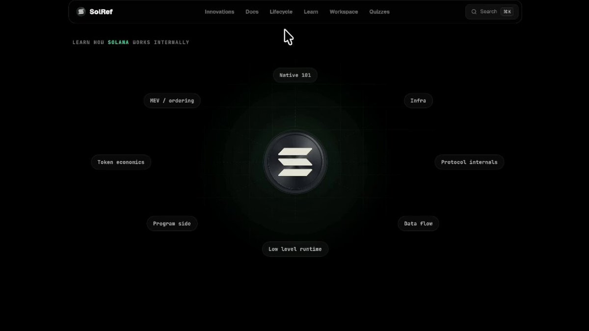 The image displays a webpage with an "@solana" logo prominently featured at the center of the screen. The text above the logo suggests that this website provides information about the cryptocurrency "Solana", providing details and resources related to its internals, daily performance, and trading strategies.