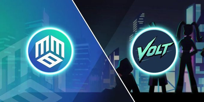 A split graphic showing two cryptocurrency project logos: a teal emblem on the left and 'VOLT' on the right, with silhouetted city and characters in the background.