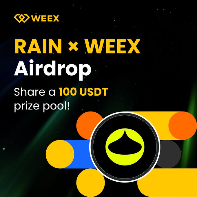 An advertisement for a 'Rain × WEEEX Airdrop' announcing a 100 USDT prize pool share, displayed with colorful circular design elements and the WEEEX logo.