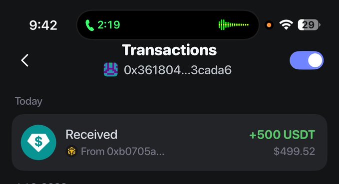 A screenshot of a mobile wallet "Transactions" page showing a received payment of +500 USDT (valued at $499.52) today from address 0xb0705a... into wallet 0x361804...3cada6, illustrating the user's claimed earnings from "web3 Jobs."