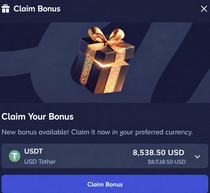 A "Claim Bonus" popup displays a golden gift box offering 8,538.50 USDT (USD Tether), seemingly connected to the post's promise of tipping a user $1,000 on Stake. The image's large bonus amount contrasts with the post's $1,000 giveaway, suggesting it may be a promotional or misleading claim window.