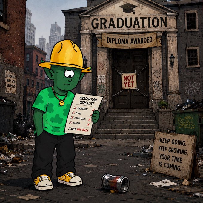 An illustrated green-skinned character in a yellow hard hat holding a 'GRADUATION CHECKLIST' stands in front of a 'GRADUATION DIPLOMA AWARDED' building with a 'NOT YET' sign; a nearby board reads 'KEEP GOING. KEEP GROWING. YOUR TIME IS COMING.'
