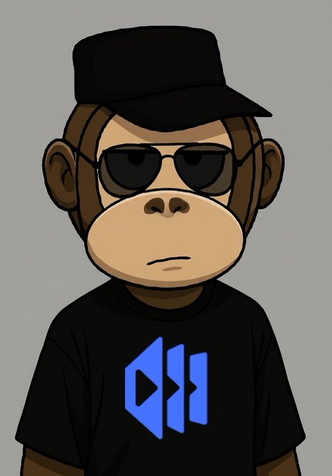 Cartoon illustration of a monkey character wearing a black cap, black sunglasses, and a black t-shirt with a blue geometric logo.