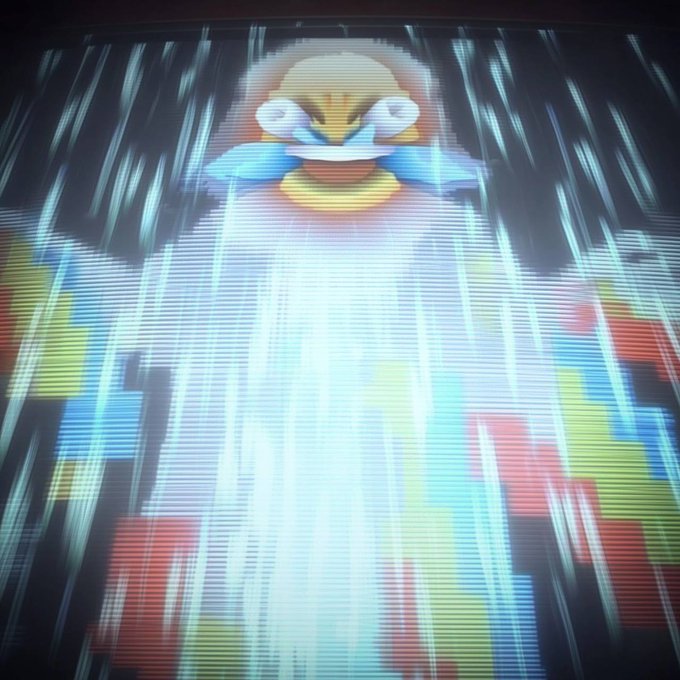 A distorted, glitchy screen display showing what appears to be a video game character, possibly Mario, with heavy horizontal scan lines and color separation.