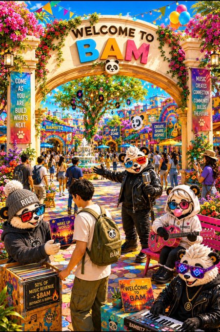 A vibrant, festive archway emblazoned with "WELCOME TO BAM" features costumed panda characters and diverse community members, with banners displaying messages like "CREATE SHARE INSPIRE" and "MAKE UP WORLD" alongside a box noting "50% OF MUSIC REVENUE = $BAM." The image visually embodies the post's message, depicting the @BambitzRecords community as a welcoming, collaborative space where passionate individuals come together to build and power the Web3 music project.