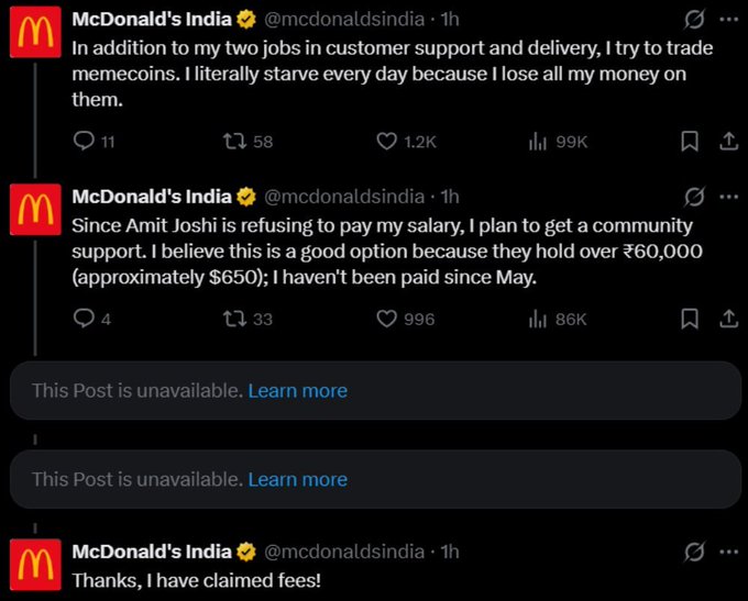 Twitter screenshots from McDonald's India (@mcdonaldsindia) showing posts about salary issues with Amit Joshi, unpaid wages since May, and losing money trading memecoins.