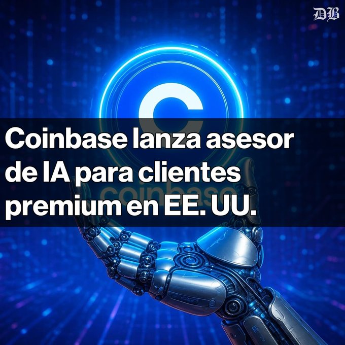 The image features a hand holding up a coinbase logo, which is blue with a white circle containing a letter "C" inside of it. The background of the image is blue with purple dots scattered throughout. Below this image, there is text that reads "Coinbase Lanza Asesor de IA para usuarios premium en EE. UU." This suggests that the hand holding up the coinbase logo might be promoting a new feature or service offered by Coinbase.