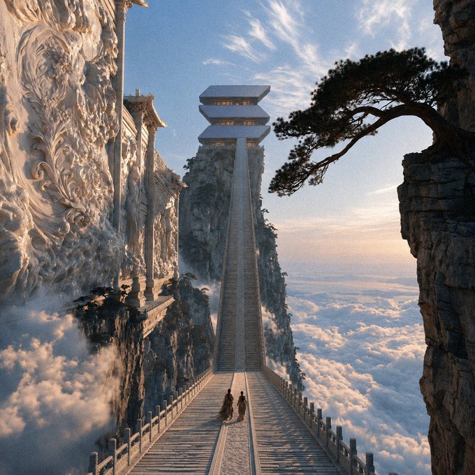 Two robed figures walk along an impossibly long stone staircase ascending through the clouds toward a pagoda-like temple perched atop a towering peak, with an intricately carved cliffside palace and a windswept pine framing the scene. The image evokes the post's "pipe dreams" metaphor—depicting an ethereal, unattainable realm that mirrors the fantastical and unprecedented financial milestones (350ms slot times, health stocks, dinosaur fossils, and $230 billion in fixed income assets) the author once thought impossible but have now become reality.
