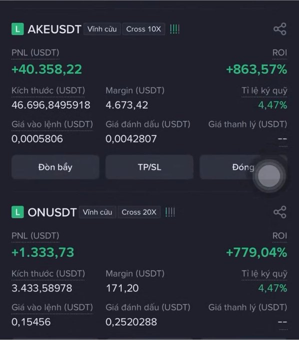 A crypto trading dashboard showing perpetual positions for AKEUSDT (+863.57% ROI, +40,358.22 PNL) and ONUSDT (+779.04% ROI, +1,333.73 PNL), both with 4.47% margin ratio.