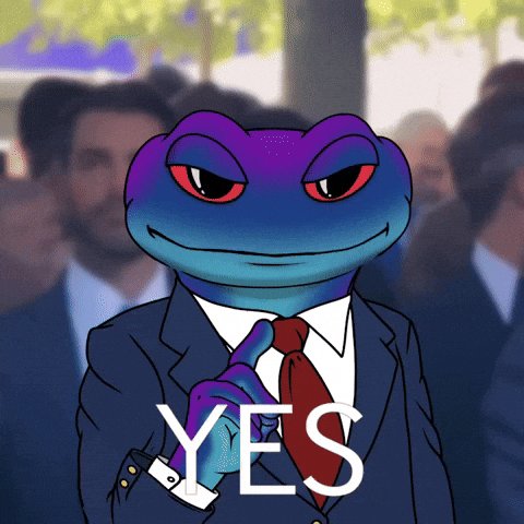 The image features a cartoon frog wearing a suit, tie, and jacket with the word "yes" written above its head. The frog appears to be making a peace sign while standing in front of a crowd of people dressed in suits. The text "I now have broken into the top 120 holders of $SNEK should I go harder?" is also present in the image. This suggests that the frog has gained access to the top 120 holders of the $SNEK cryptocurrency, and it is contemplating whether or not to invest more money in the cryptocurrency.