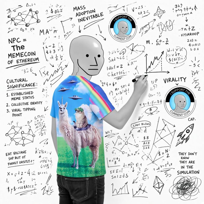 A meme-style image featuring a person wearing a t-shirt with a llama/alpaca design surrounded by crypto-themed doodles, equations, and 'NPC = The Memecoin of Ethereum' text.