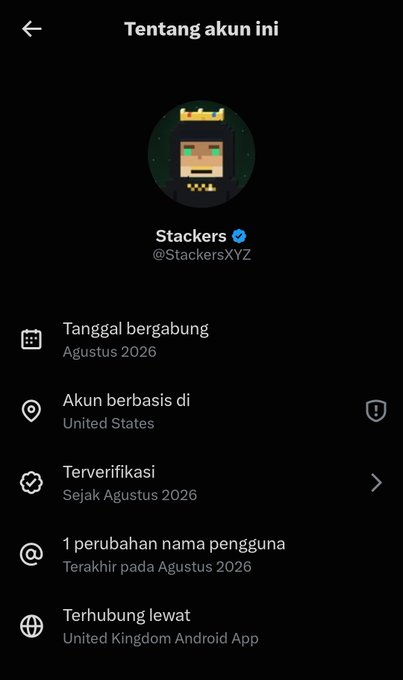 A Twitter profile page for 'Stackers' (@StackersXYZ), displaying a pixel art avatar, a join date of August 2026, and US-based location details.