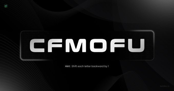 A dark graphic displaying the text "CFMOFU" with a hint reading "Shift each letter backward by 1", from beldex.io.