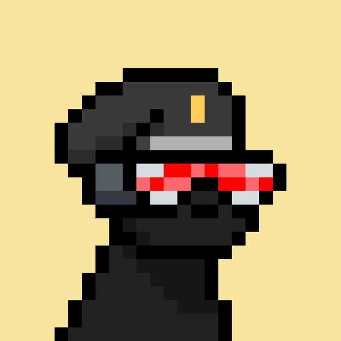 A pixel art illustration of a character wearing a black helmet with a yellow visor and red bandana, set against a yellow background.