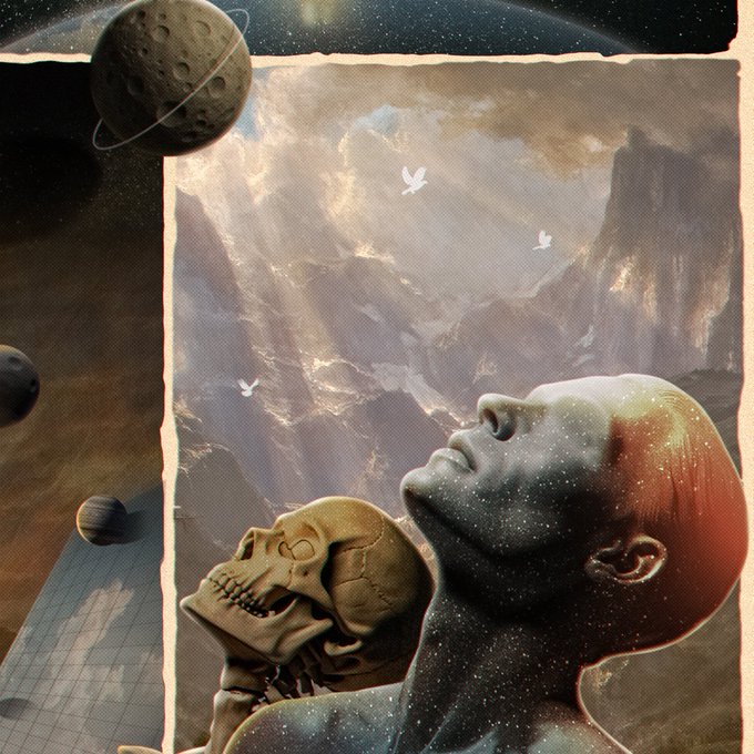 A surreal digital artwork featuring a human head gazing upward next to a skull, with planets and birds set against a cosmic mountain landscape.