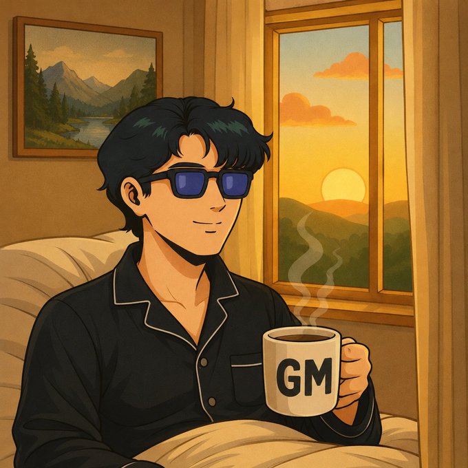 An anime-style illustration of a man with dark hair and sunglasses in black pajamas holding a steaming mug labeled 'GM' while sitting by a window at sunset.