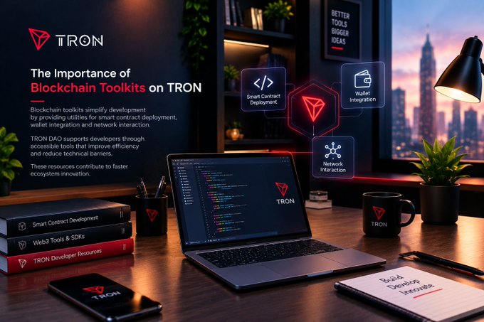 A TRON-branded marketing image titled 'The Importance of Blockchain Toolkits on TRON' shows a desk with a laptop displaying code, alongside icons for Smart Contract Deployment, Wallet Integration, and Network Interaction.